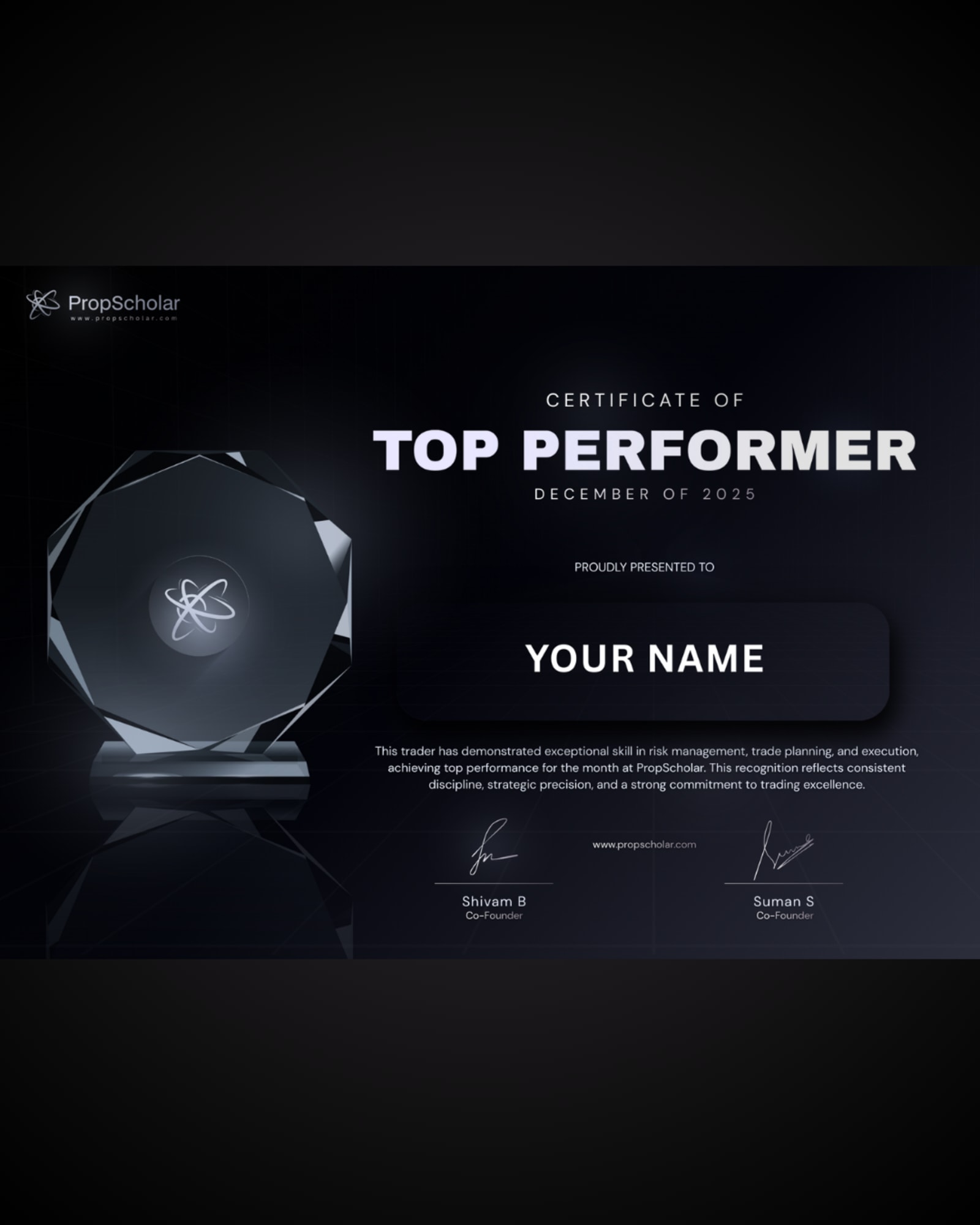PropScholar Introduces the Monthly Top Performer Certificate